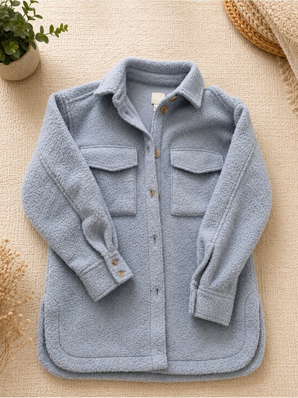 H&M Light Blue Sherpa Button-Front Shirt Jacket